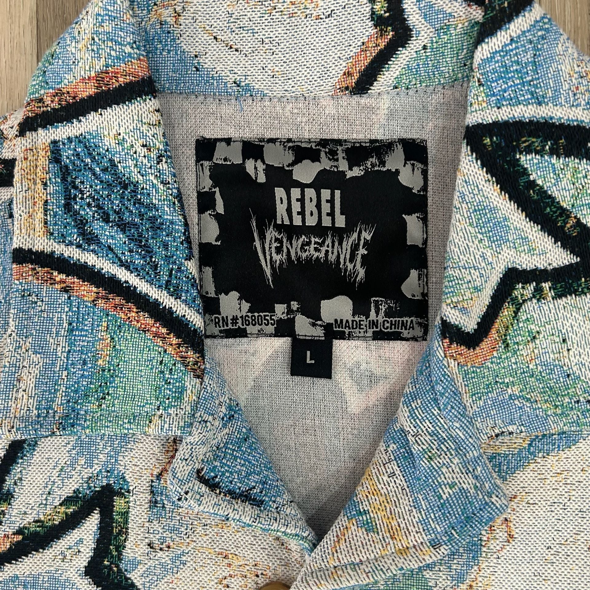 Rebel Vengeance Tapestry Button Up Shirt Size Large Cross Blue Multicolor 4