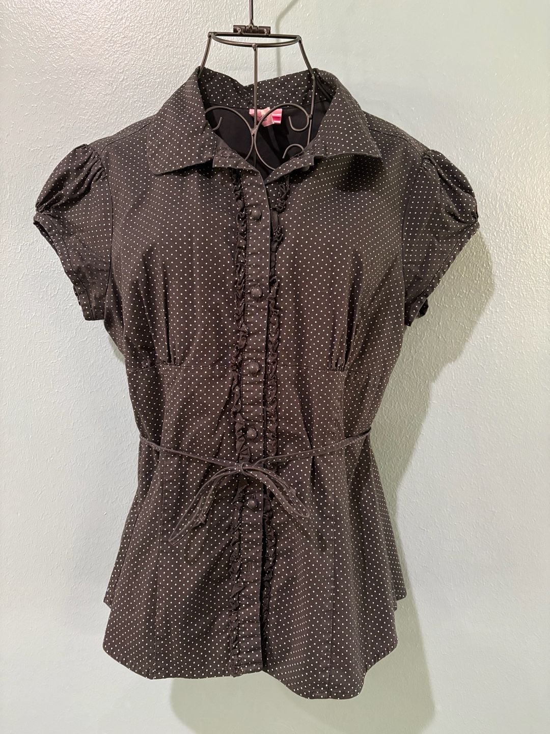 Dolled Up by FANG Polka Dot Button-Down Shirt Size L Brown Ruffle Trim 2