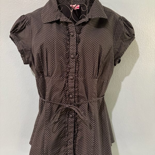 Dolled Up by FANG Polka Dot Button-Down Shirt Size L Brown Ruffle Trim