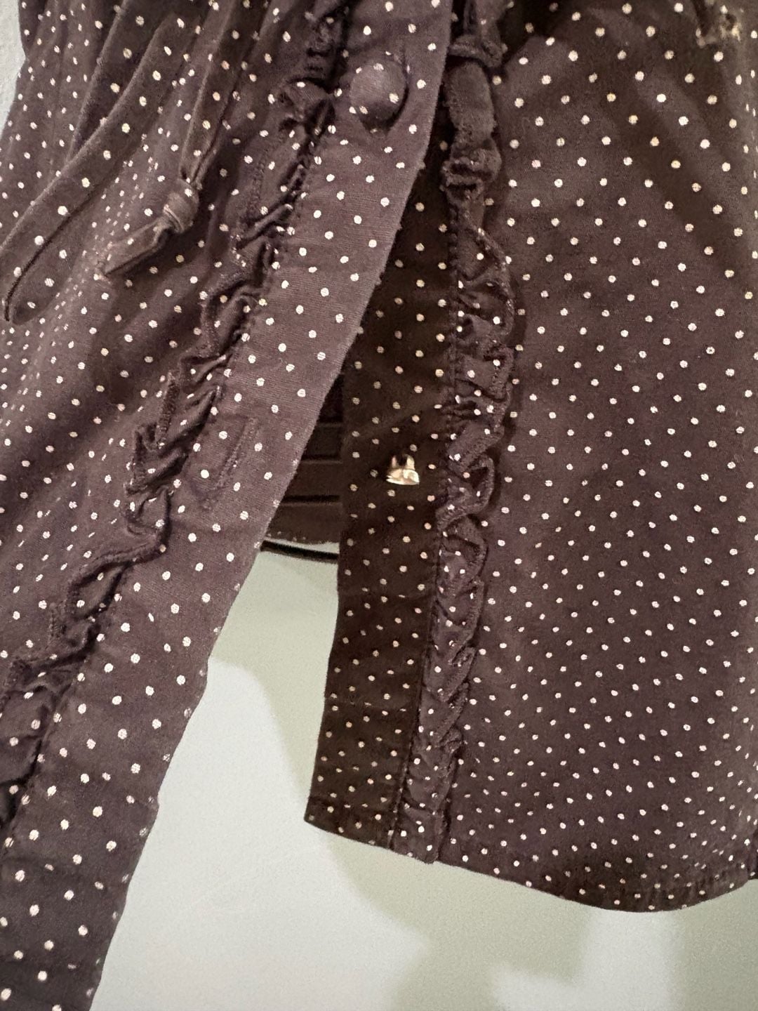 Dolled Up by FANG Polka Dot Button-Down Shirt Size L Brown Ruffle Trim 4