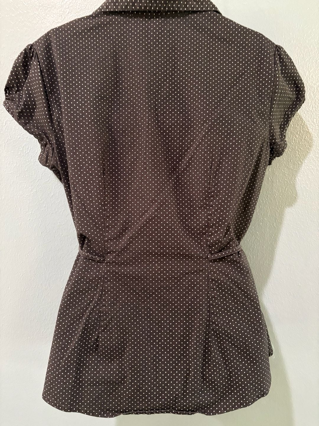 Dolled Up by FANG Polka Dot Button-Down Shirt Size L Brown Ruffle Trim 6