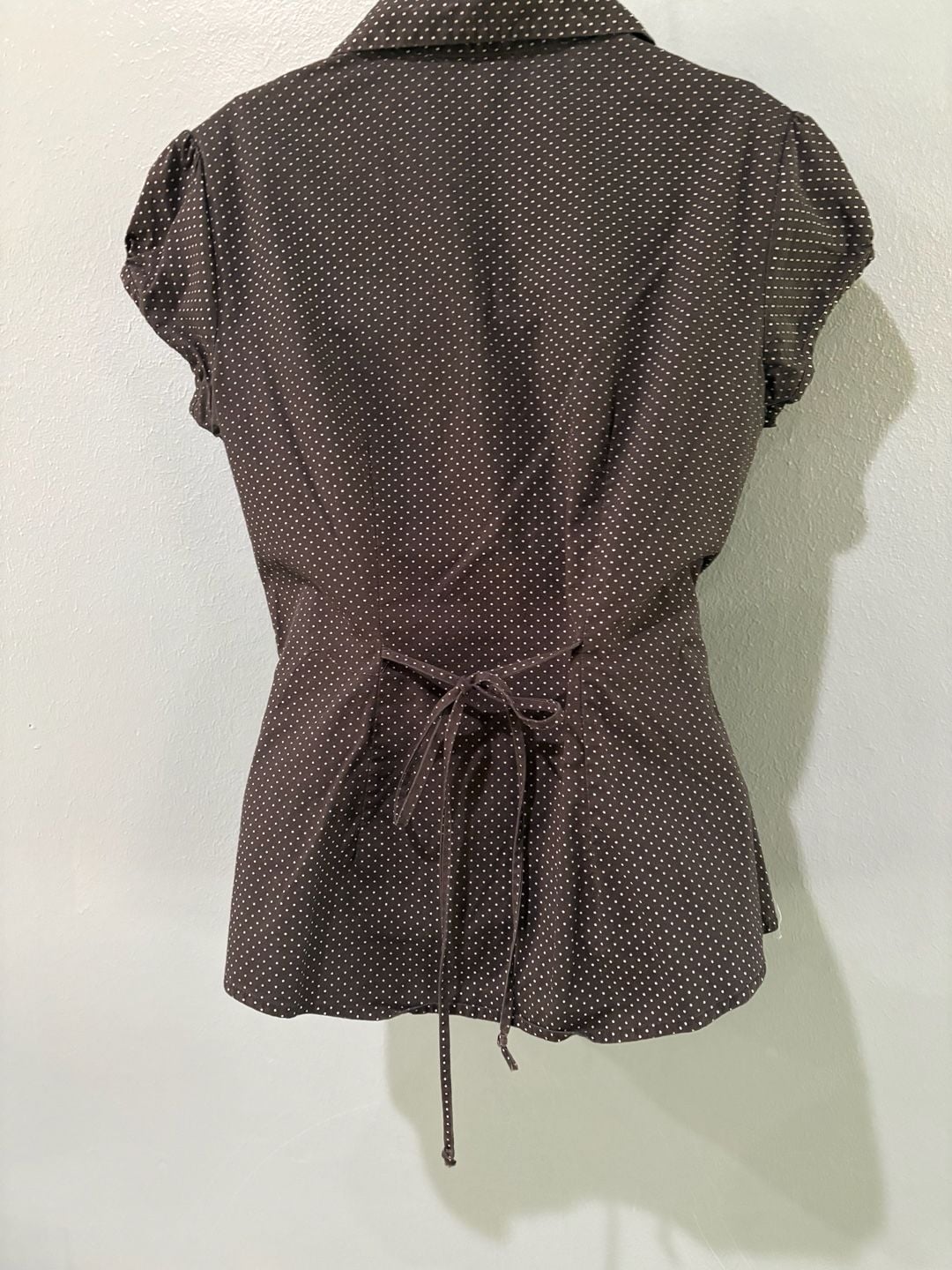 Dolled Up by FANG Polka Dot Button-Down Shirt Size L Brown Ruffle Trim 7