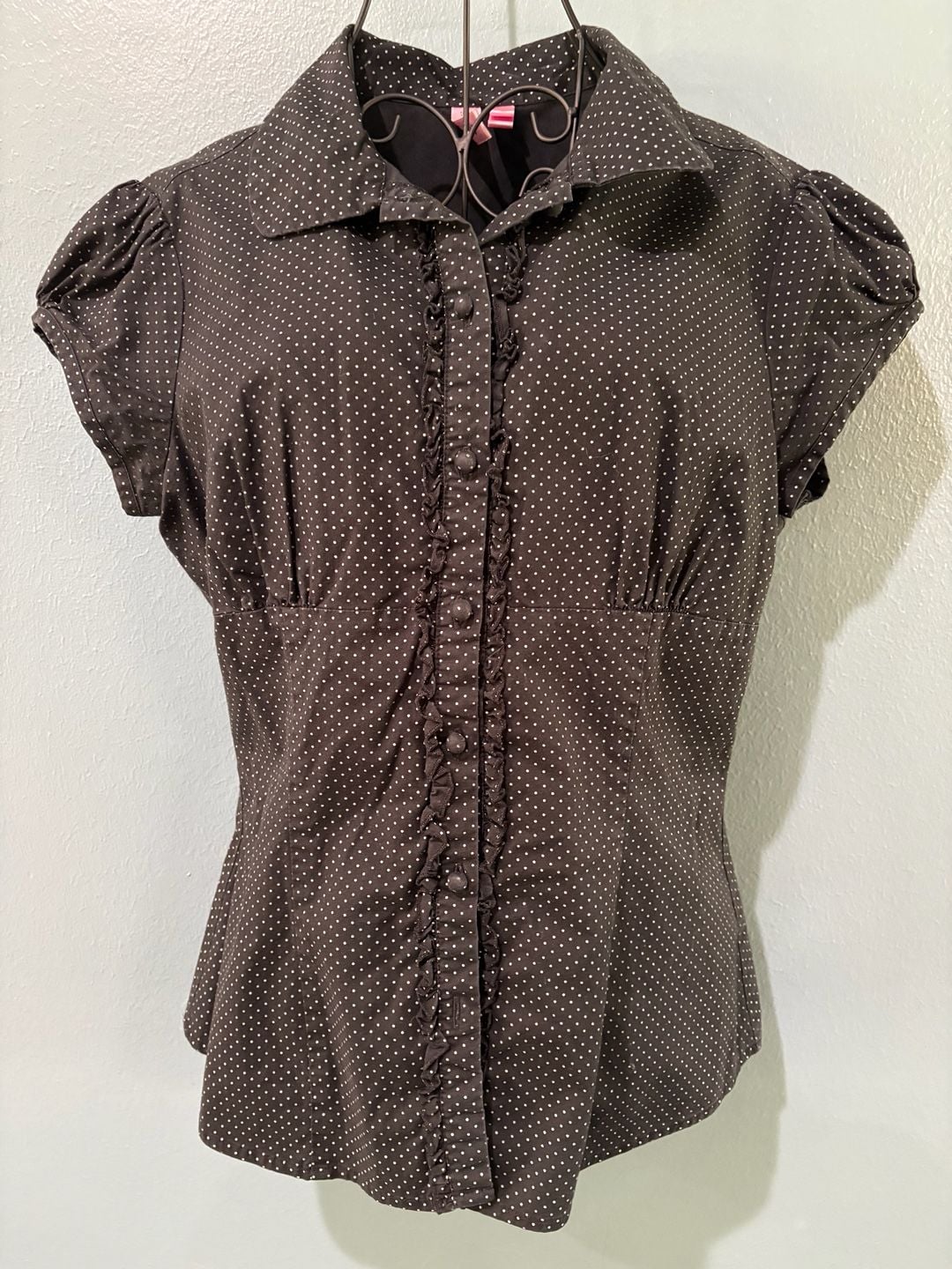Dolled Up by FANG Polka Dot Button-Down Shirt Size L Brown Ruffle Trim 8