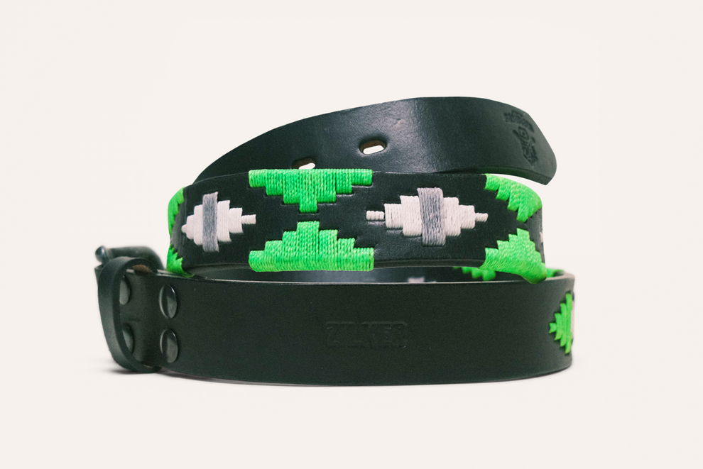 Zilker Belt Size 36 Black Green Leather Embroidered 1