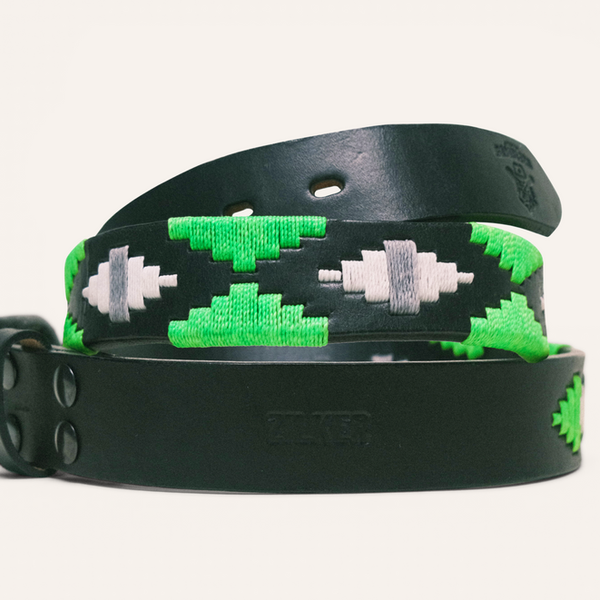 Zilker Belt Size 36 Black Green Leather Embroidered