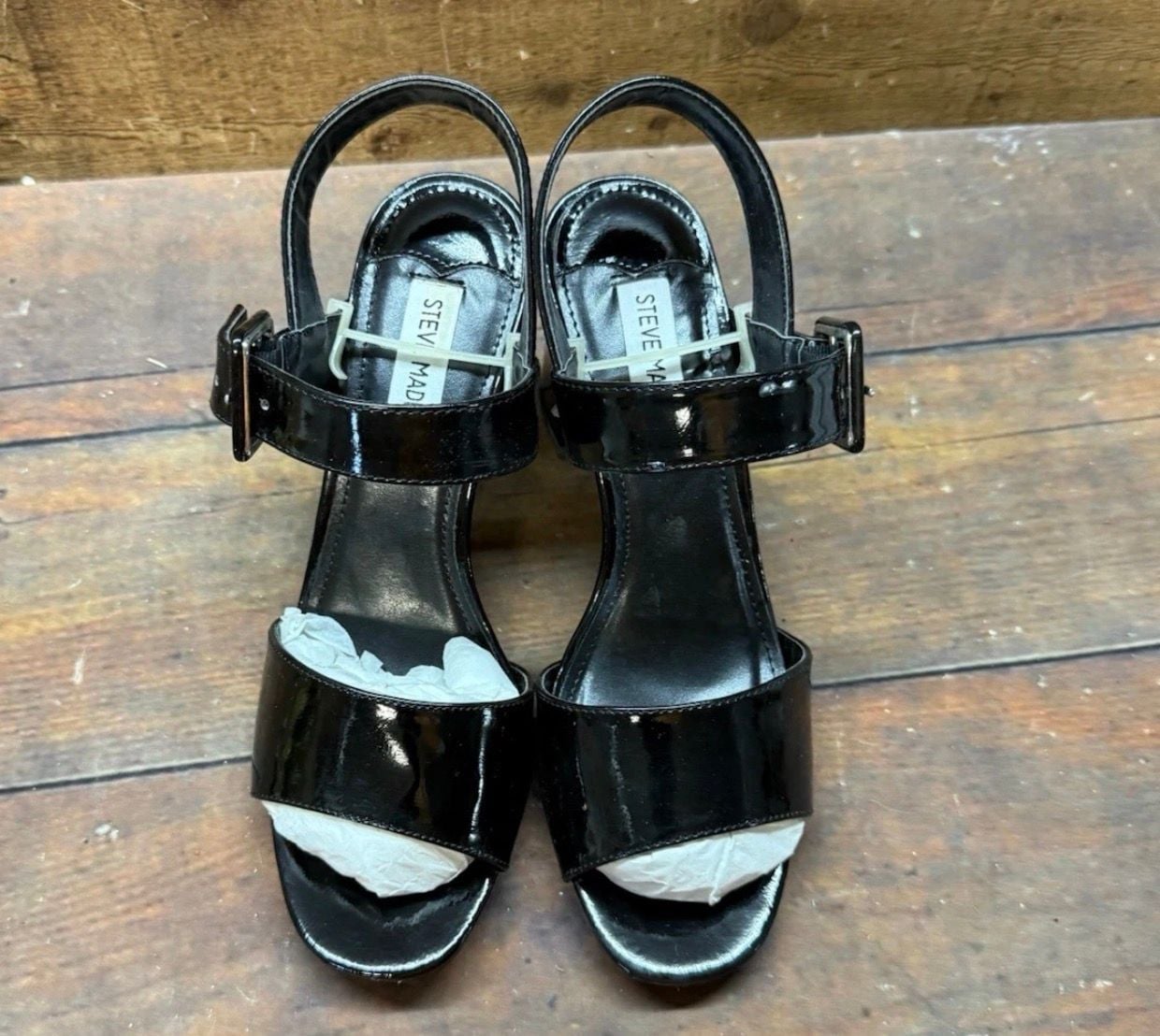 Steve Madden Blakey Size 8.0 Black Patent Sandals Block Heels 7