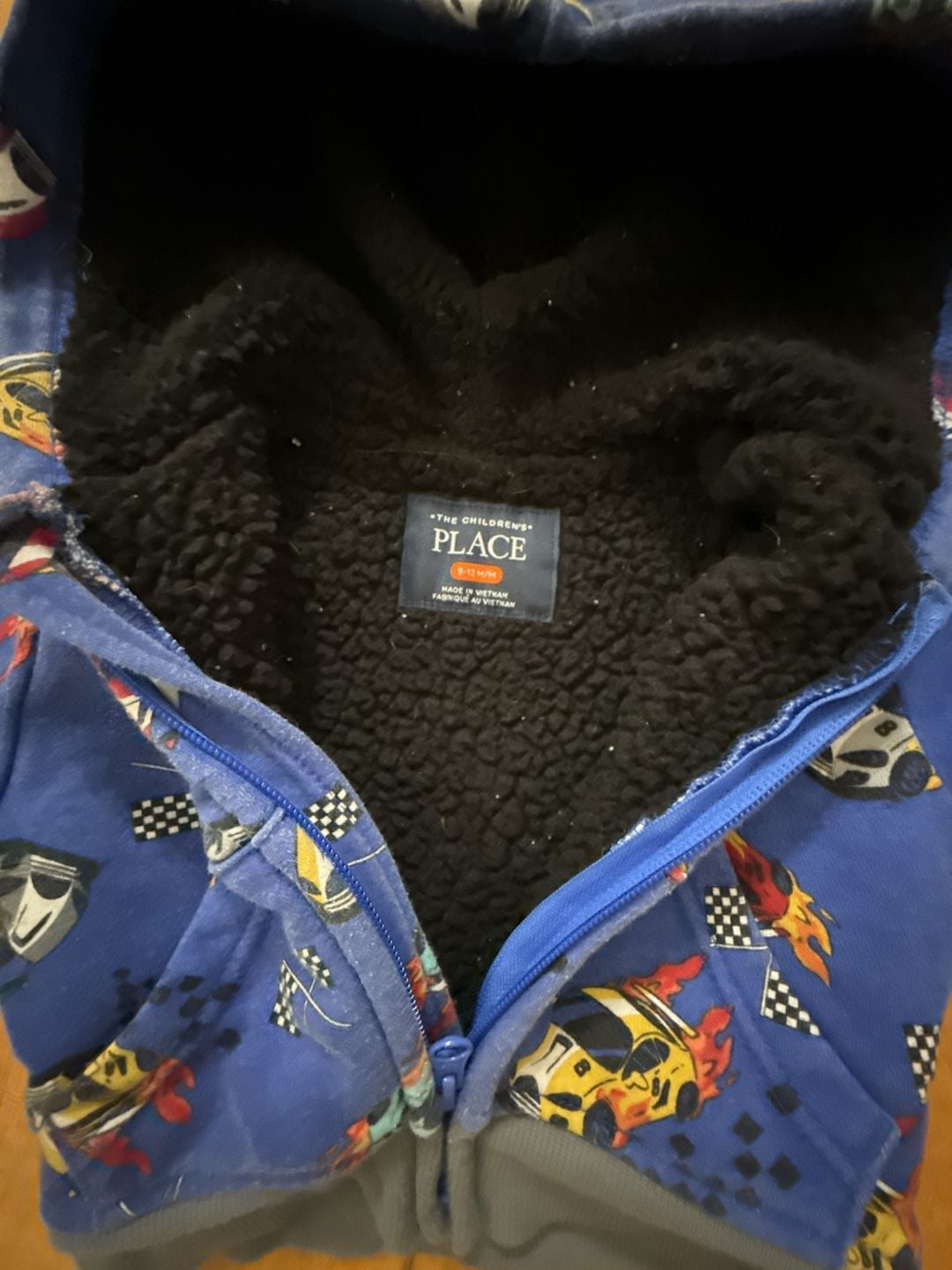 The Children's Place Zip Up Hoodie Size 9-12M Blue Car Print Sherpa Lined 4