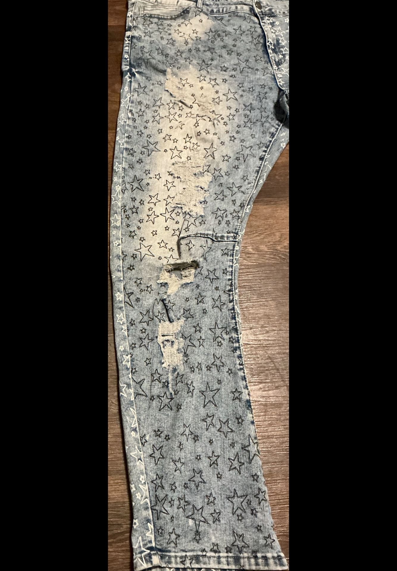 rue21 Premium Star Print Distressed Light Wash Jeans 7