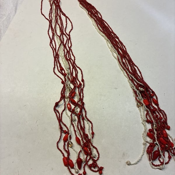 Vintage Multi Strand Red And White Beaded Statement Necklace