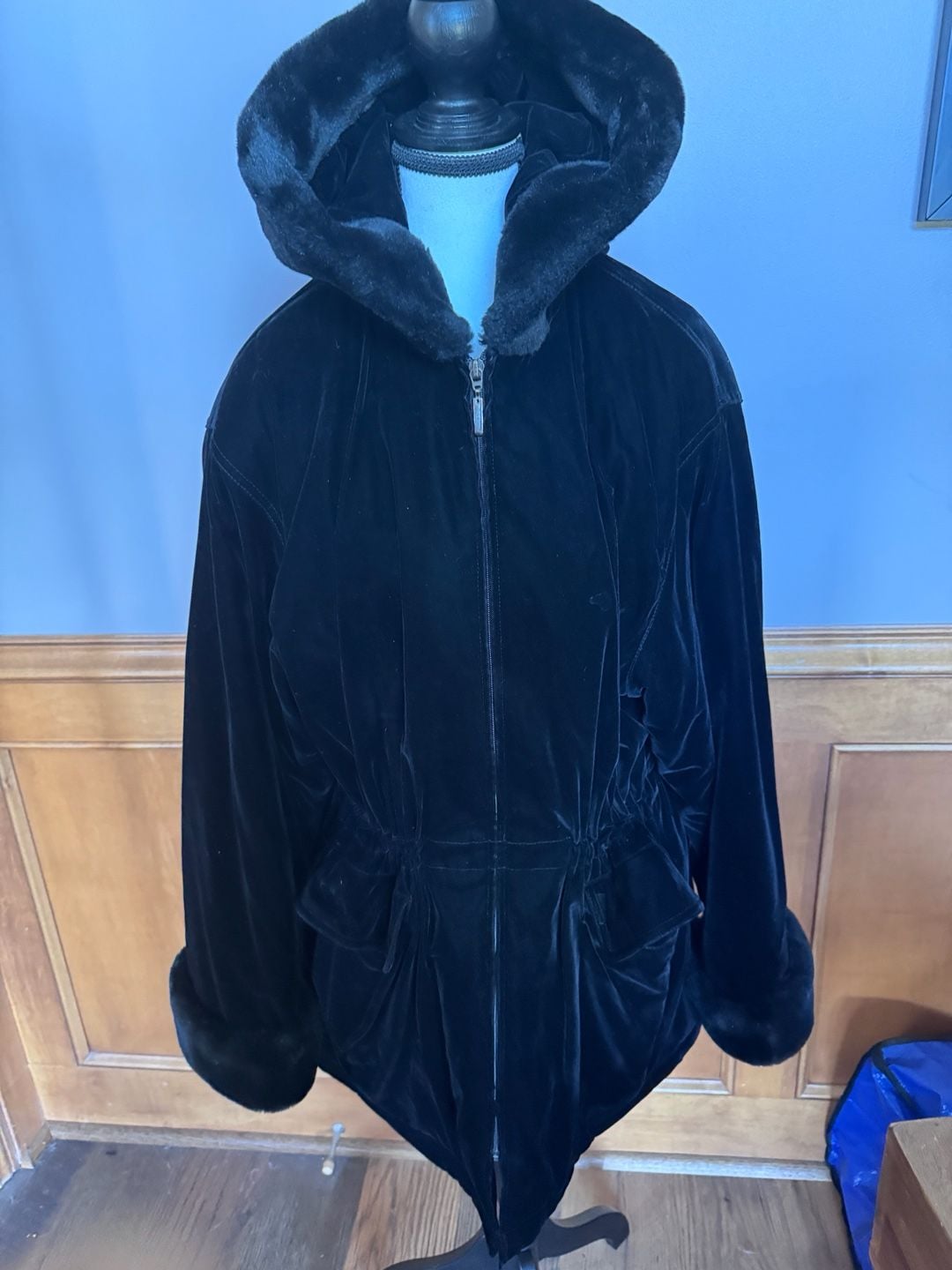 Gallery Velvet Coat Size L Black Faux Fur Hood 2