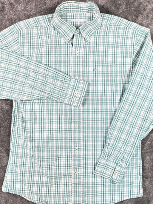 Southern Tide Plaid Long Sleeve Button Down Shirt bright Teal Green White 3