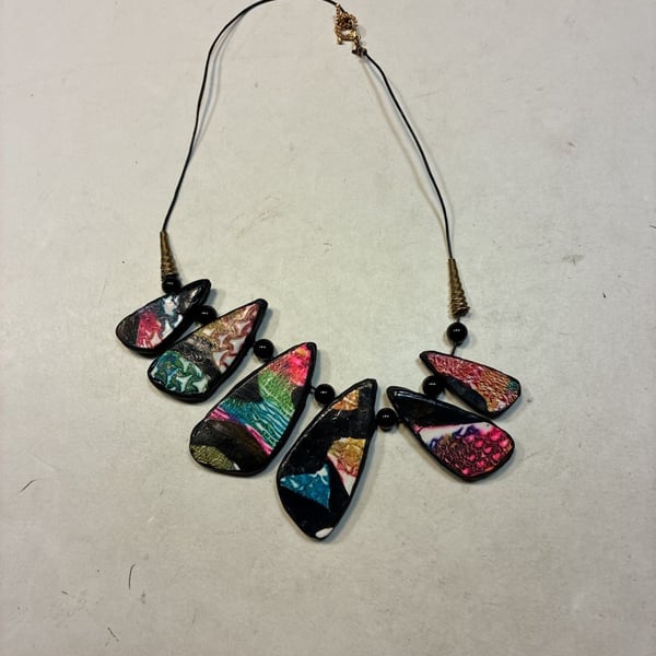 Artisan Polymer Clay Statement Bib Necklace Multicolor Teardrop Pendants