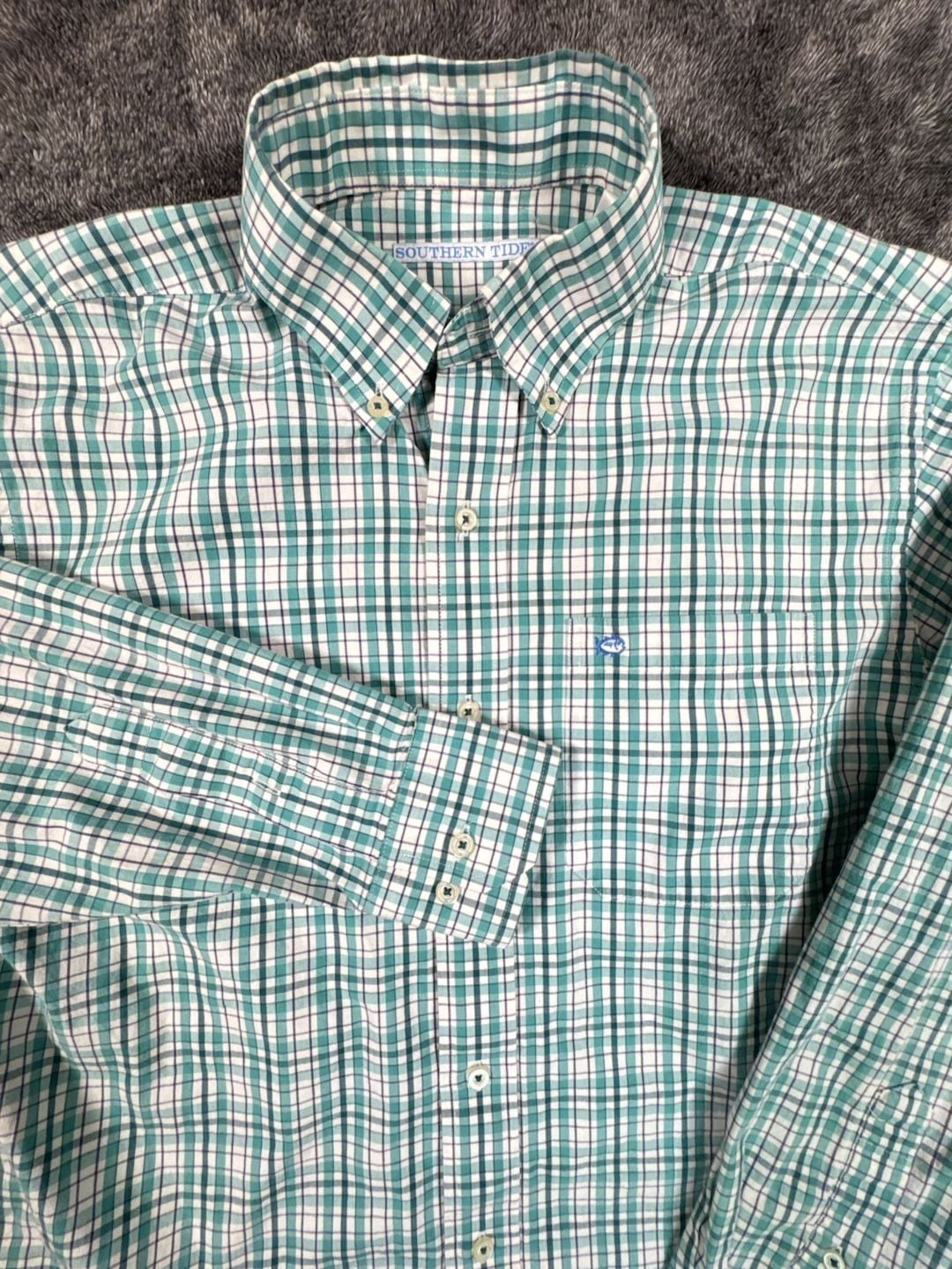 Southern Tide Plaid Long Sleeve Button Down Shirt bright Teal Green White 2