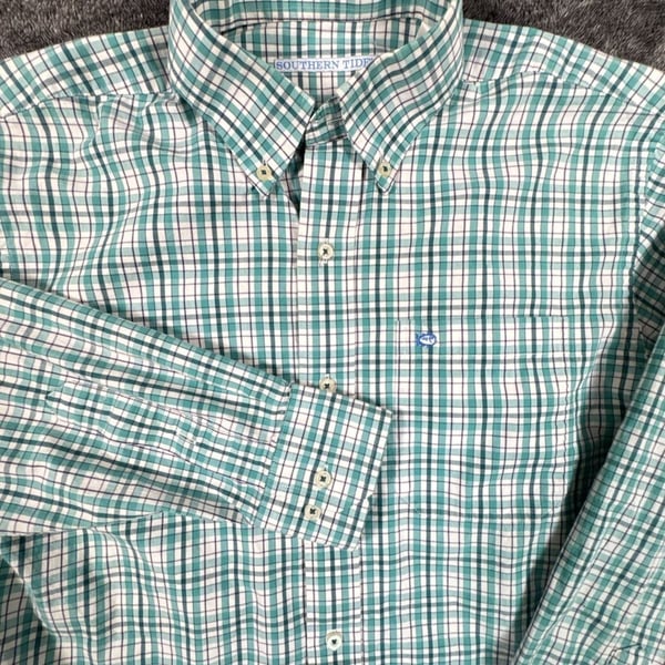 Southern Tide Plaid Long Sleeve Button Down Shirt bright Teal Green White