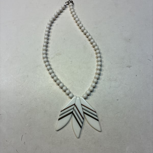 Vintage White Beaded Necklace Triple Leaf Pendant Copper Accents