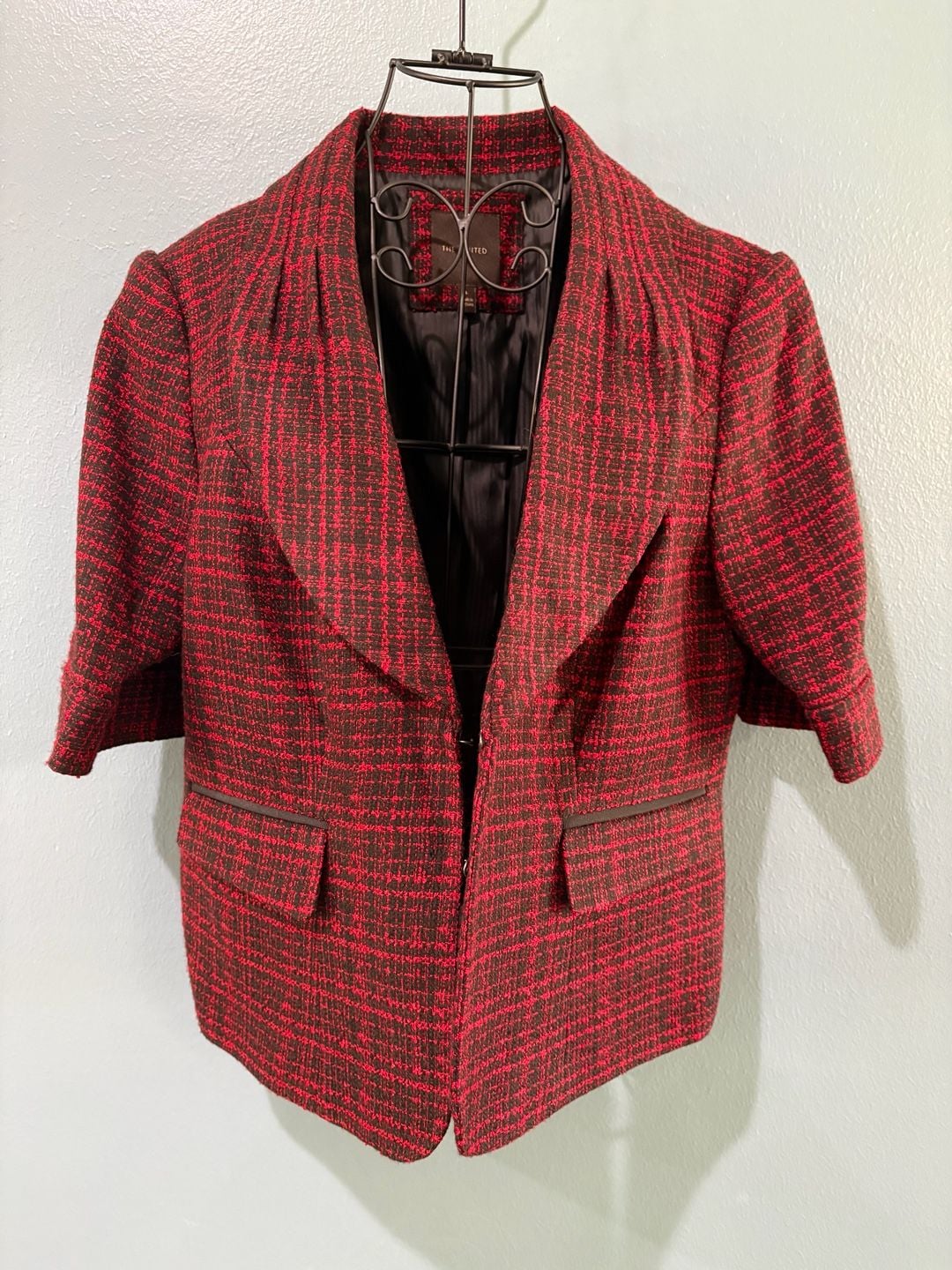 The Limited Tweed Blazer Size L Red Black Open Front 3/4 Sleeve 2