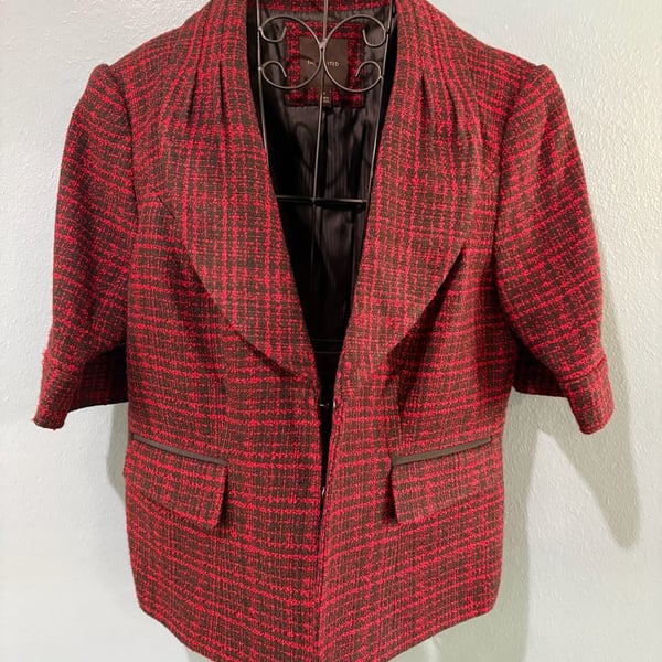 The Limited Tweed Blazer Size L Red Black Open Front 3/4 Sleeve