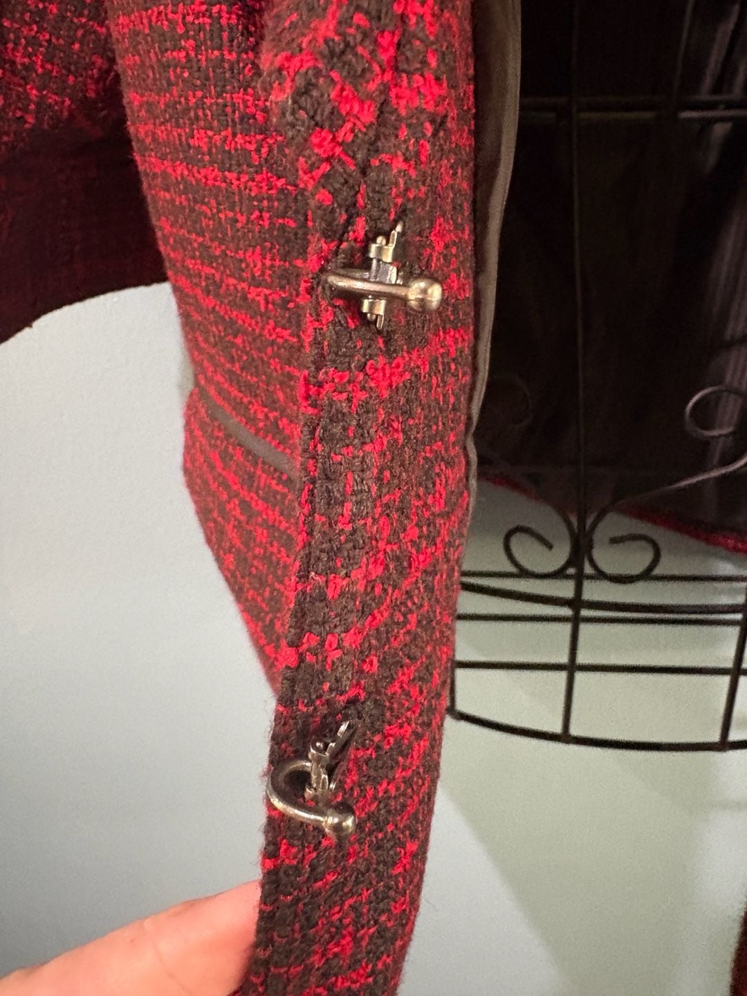 The Limited Tweed Blazer Size L Red Black Open Front 3/4 Sleeve 6