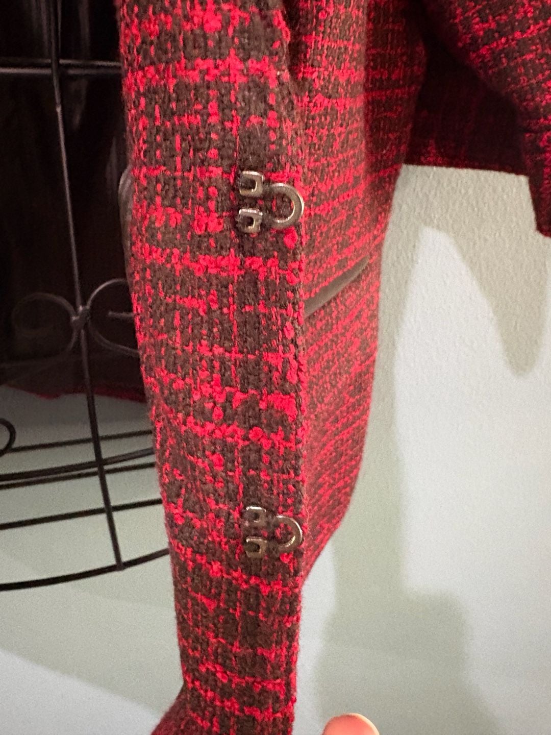 The Limited Tweed Blazer Size L Red Black Open Front 3/4 Sleeve 7