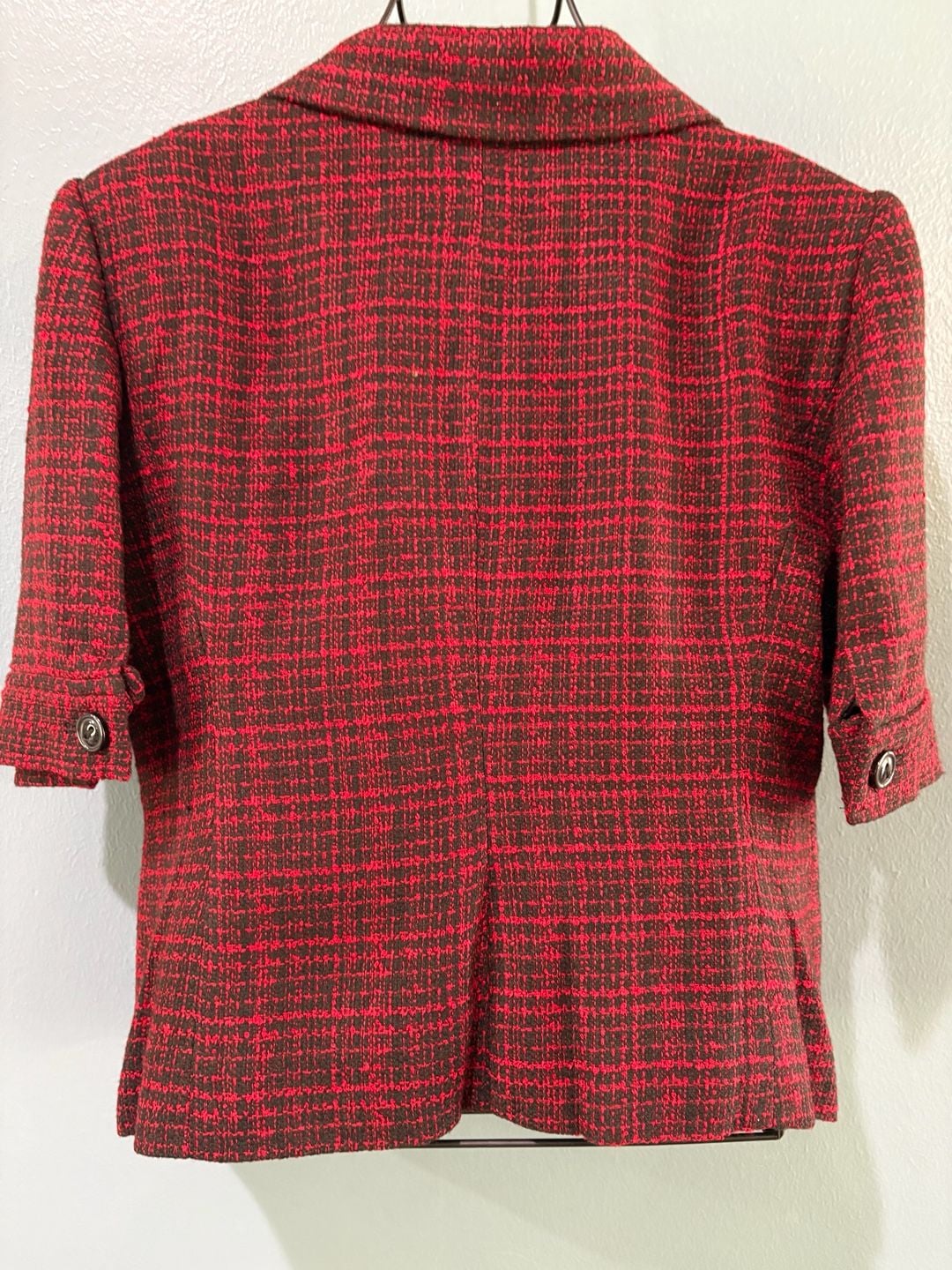 The Limited Tweed Blazer Size L Red Black Open Front 3/4 Sleeve 10