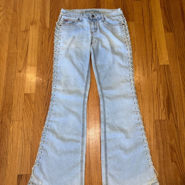 Mudd Jeans Lace Up Side Flare Vintage Y2K Denim Low Rise 9 Blue Womens 90s Rare