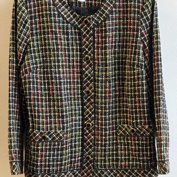The Tog Shop Tweed Jacket Size 20 Black Multicolor Plaid Blazer Vntage Academia