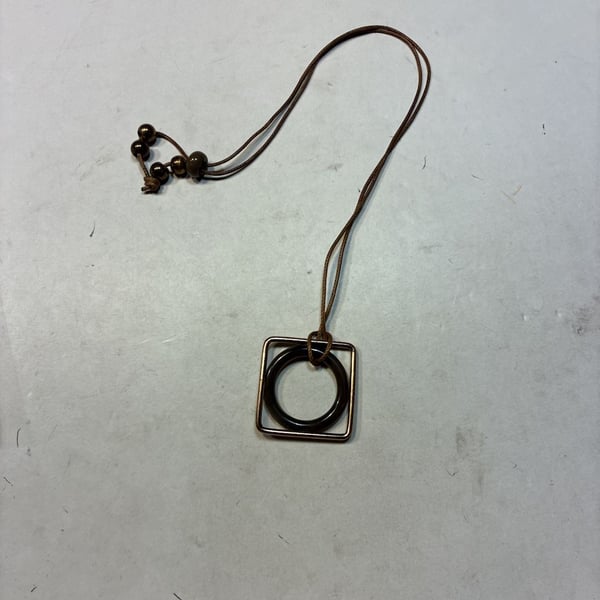 Unbranded Geometric Square And Circle Pendant Necklace Brown Cord Boho