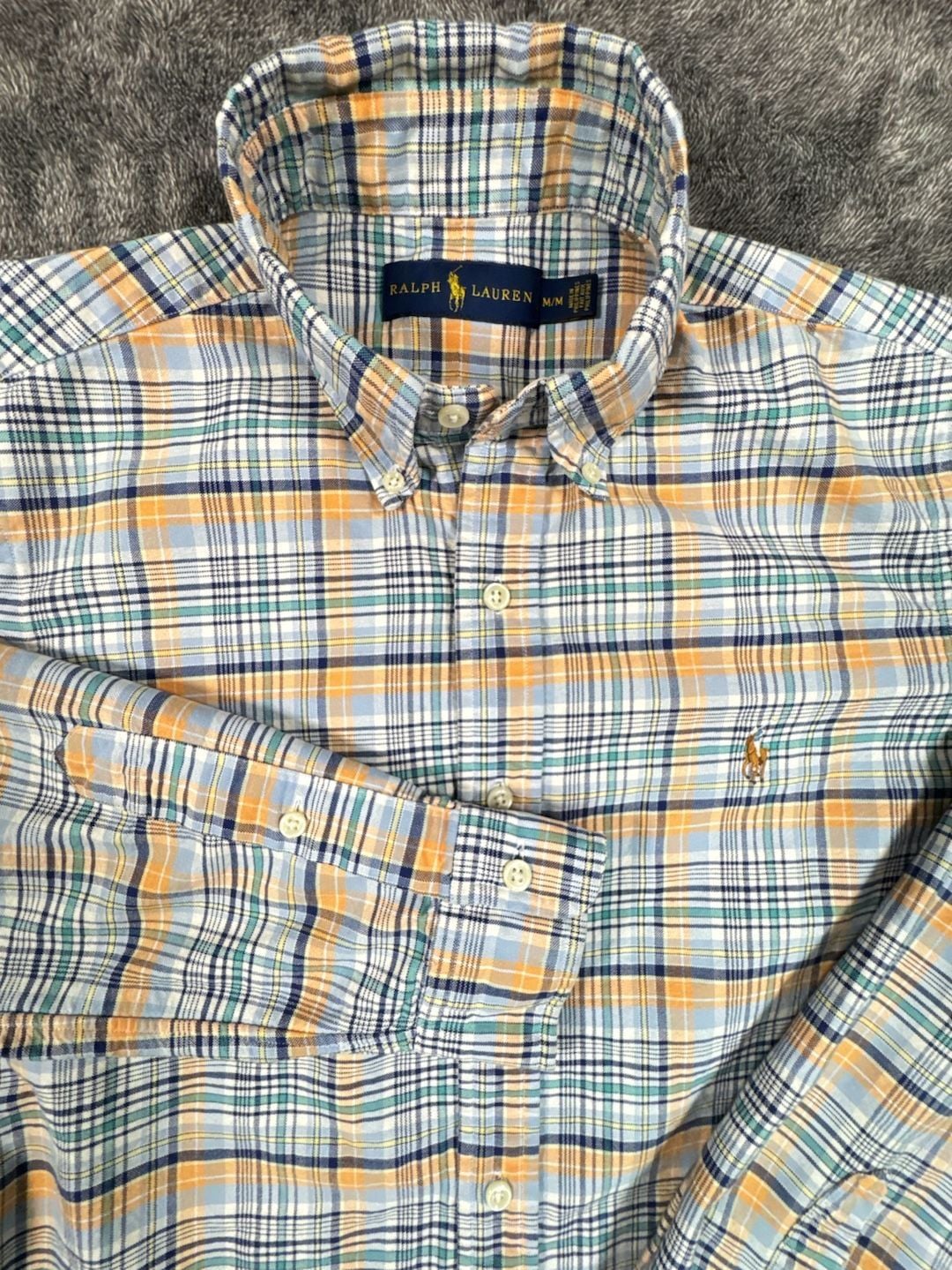 Ralph Lauren Plaid Button Down Shirt Size M Blue Orange Long Sleeve Fall Colors 2