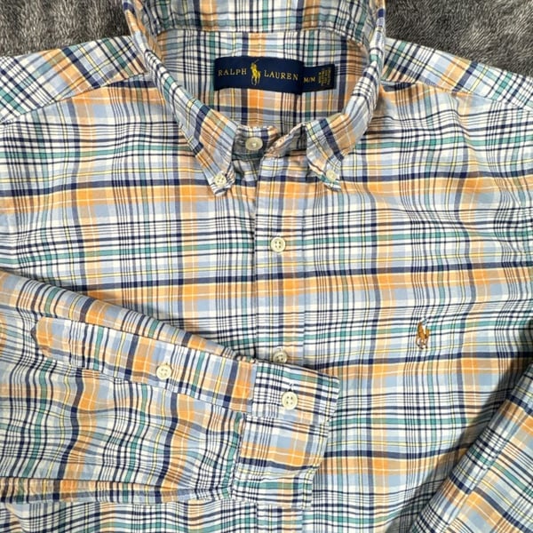 Ralph Lauren Plaid Button Down Shirt Size M Blue Orange Long Sleeve Fall Colors