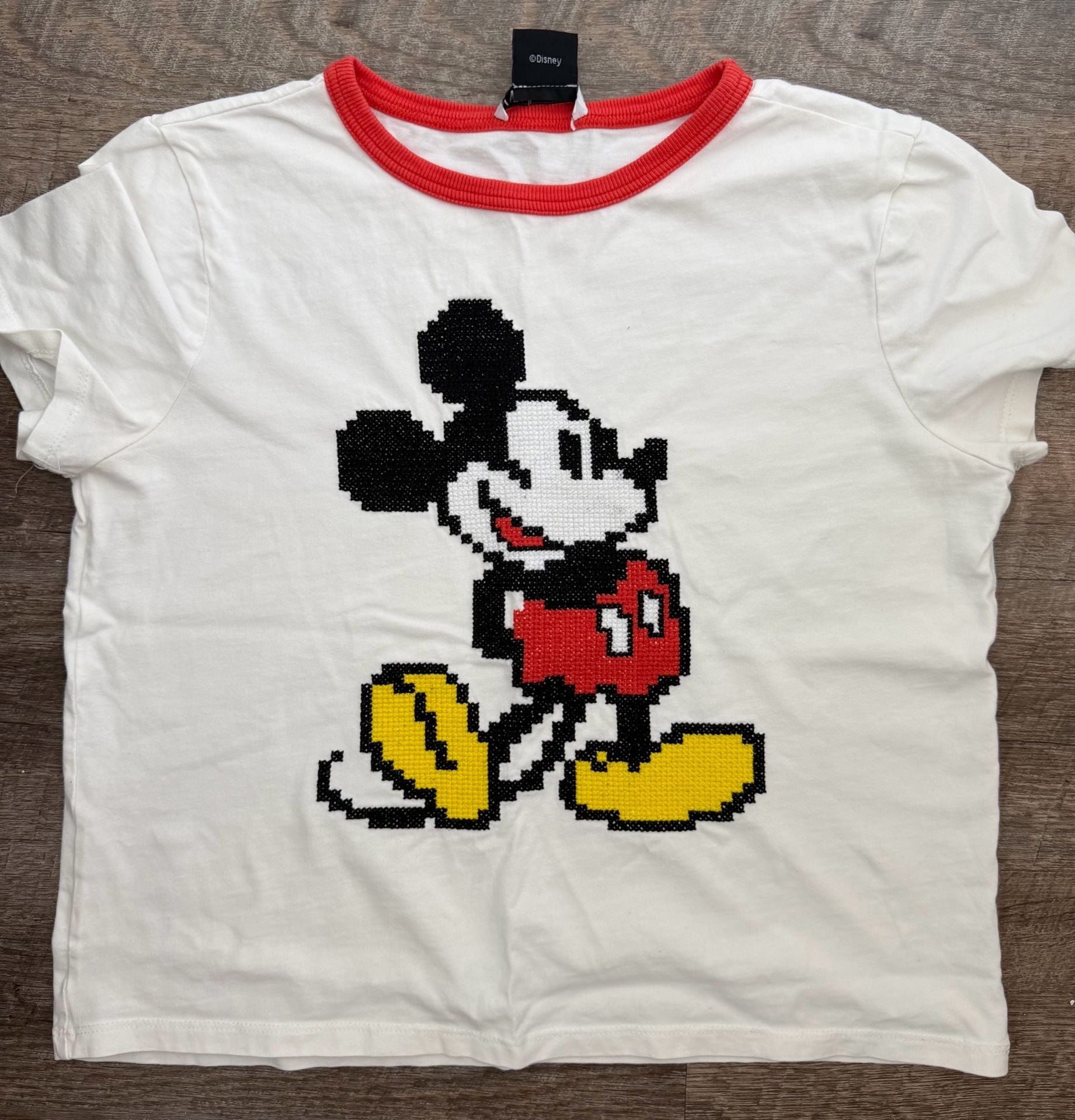 Zara Disney Mickey Mouse T-Shirt Size M White Red Ringer Pixelated Graphic 1