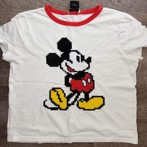Zara Disney Mickey Mouse T-Shirt Size M White Red Ringer Pixelated Graphic