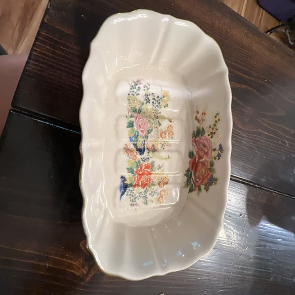 Kutani Japan Porcelain Hand Painted Peacock Floral Soap Dish Trinket Tray