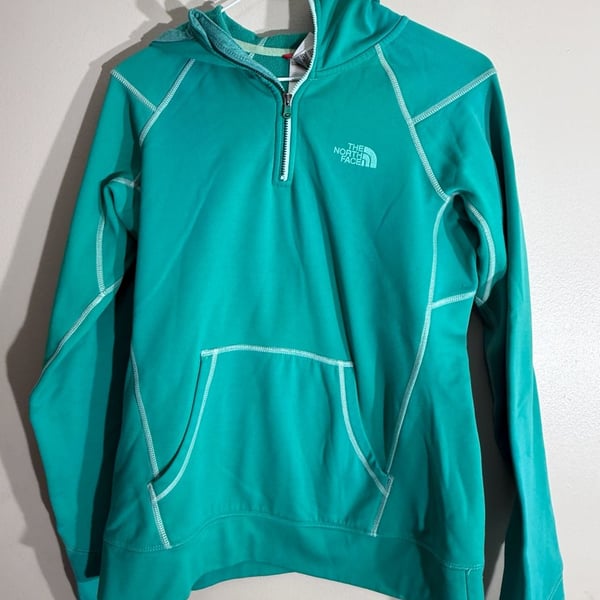 The North Face Quarter Zip Hoodie Size M Teal Green Fleece Sweatshirt