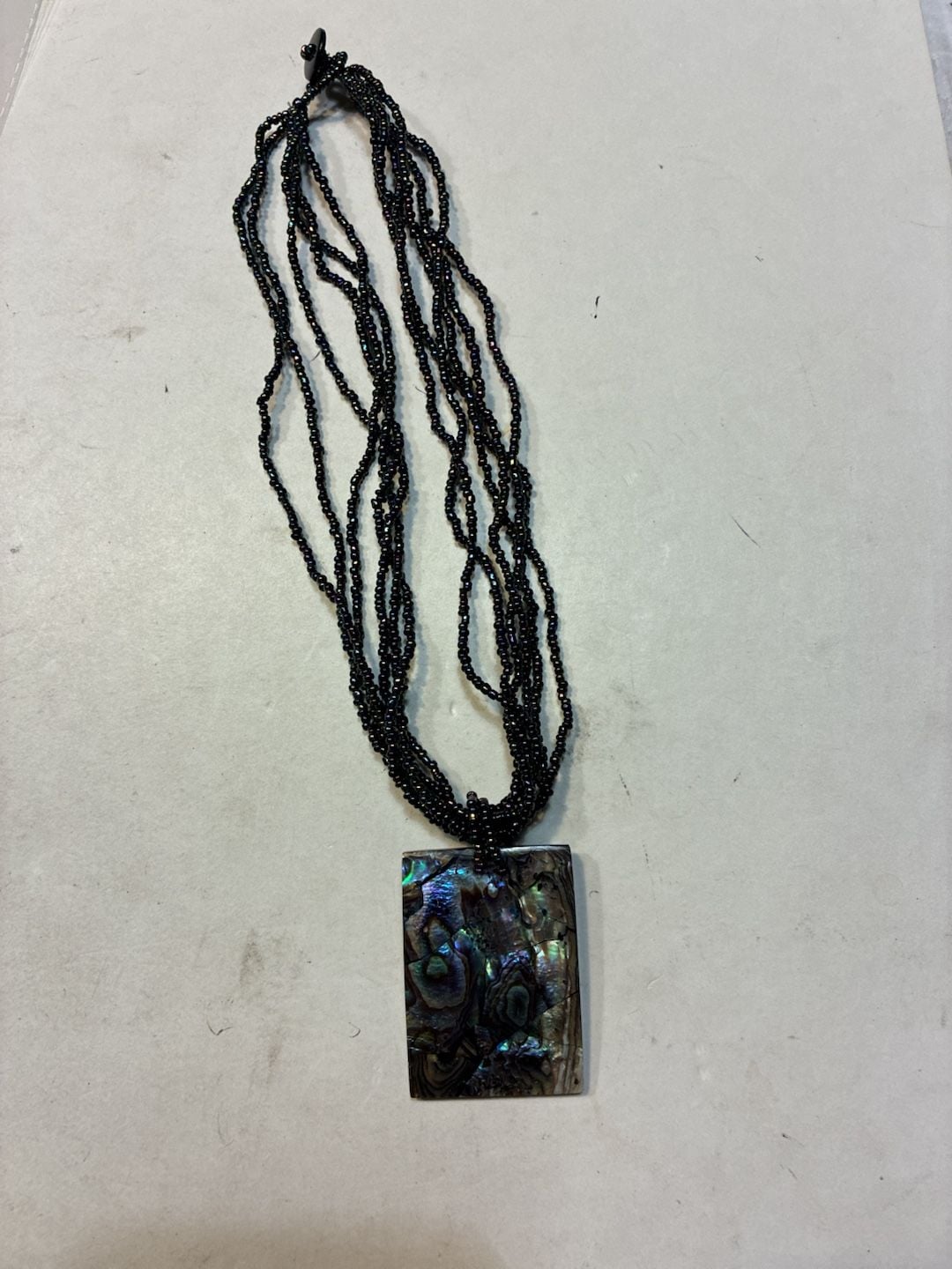 Vintage Abalone Shell Rectangle Pendant Multi-Strand Seed Bead Necklace 2