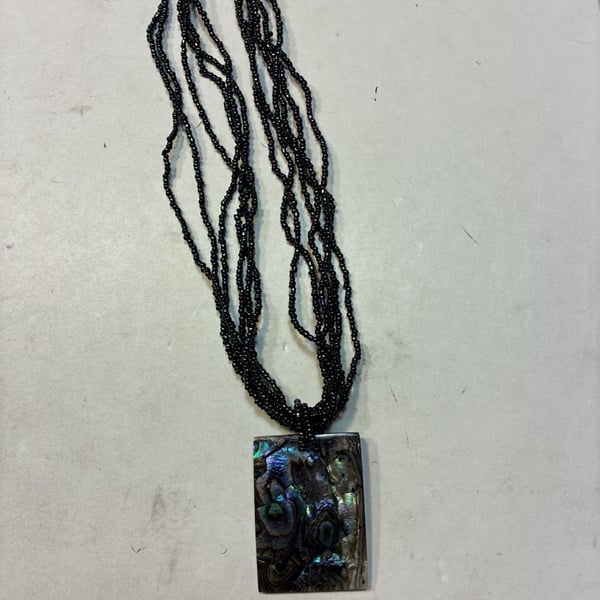 Vintage Abalone Shell Rectangle Pendant Multi-Strand Seed Bead Necklace
