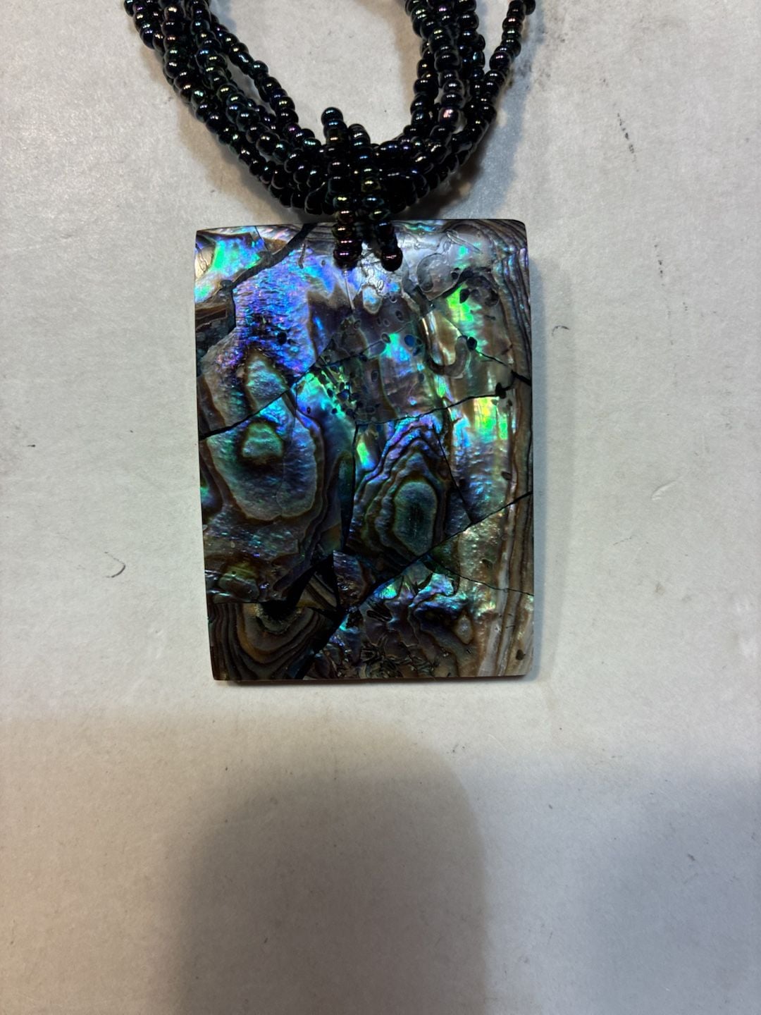 Vintage Abalone Shell Rectangle Pendant Multi-Strand Seed Bead Necklace 3