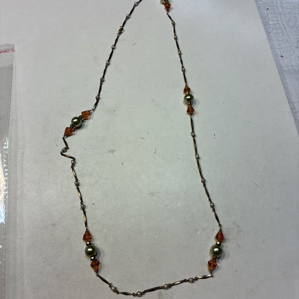 Vintage Beaded Necklace Green Orange Crystals Bronze Metal Length 18