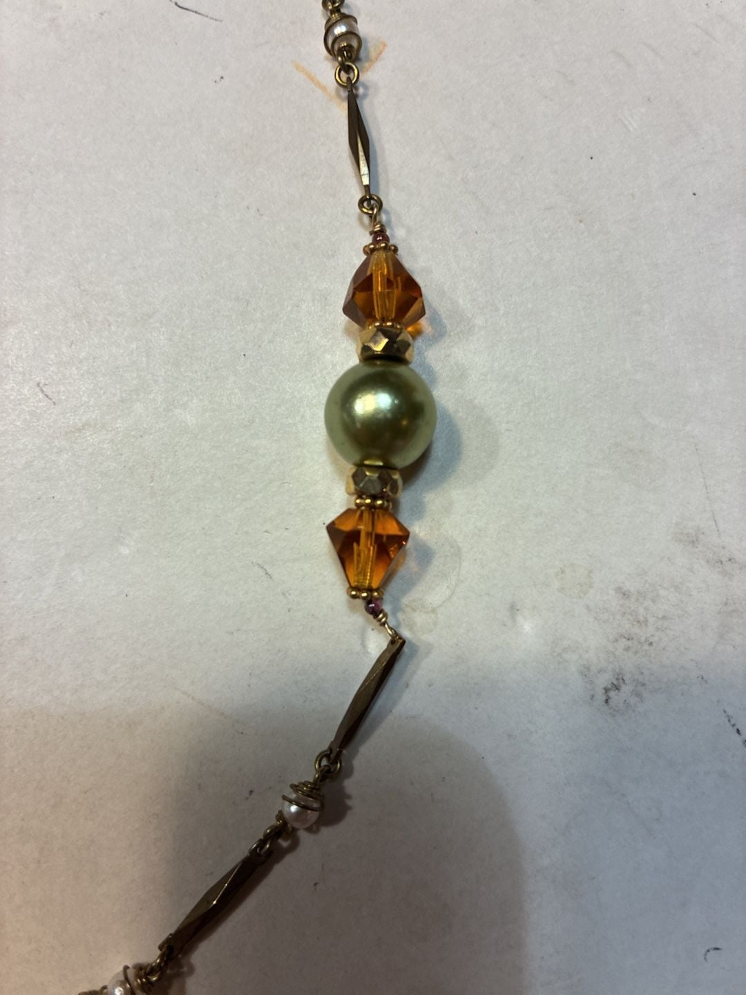 Vintage Beaded Necklace Green Orange Crystals Bronze Metal Length 18 7