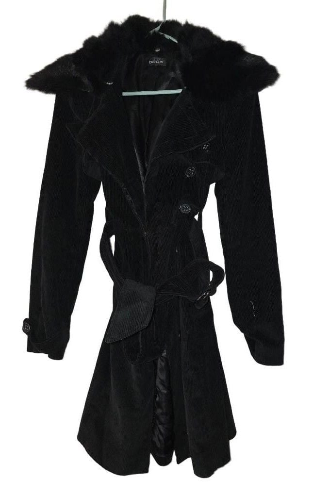 Bebe Corduroy Trench Coat Black Real Fur Collar Y2K 6