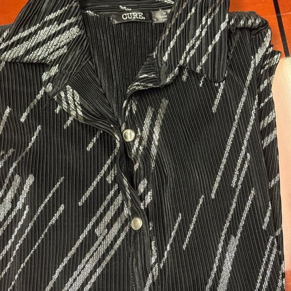 Cure Pleated Button Up Shirt Size M Black Silver Glitter Striped Top 90’s Grunge, Whimsigoth