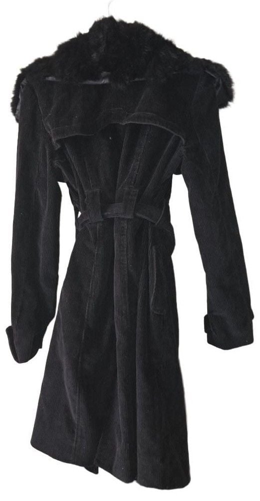 Bebe Corduroy Trench Coat Black Real Fur Collar Y2K 7
