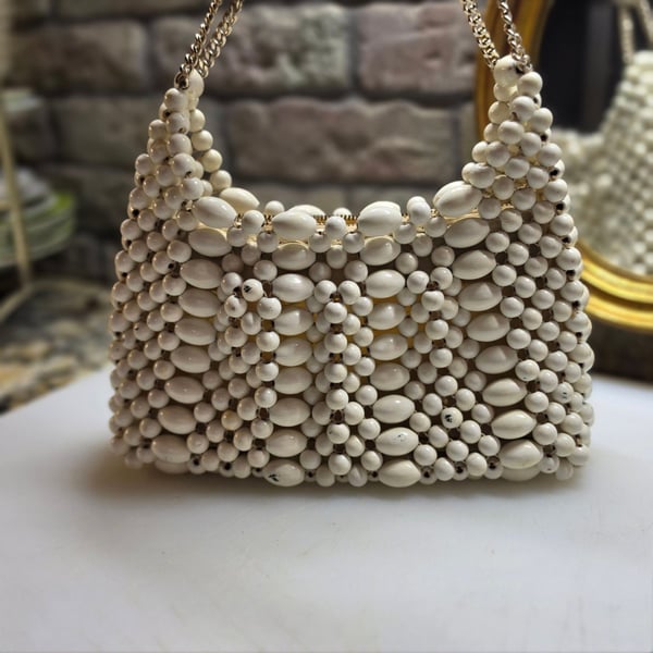 Vintage White Wooden Beaded Handbag Clutch Purse