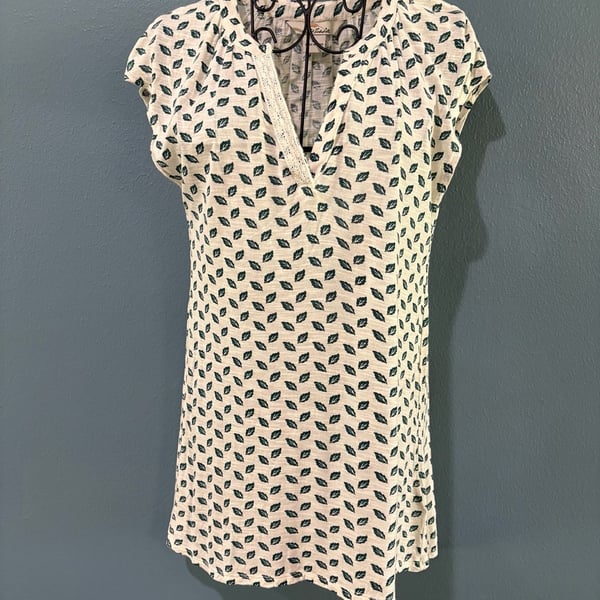Bob Timberlake Leaf Print Tunic Blouse Size XS Green White Viscose