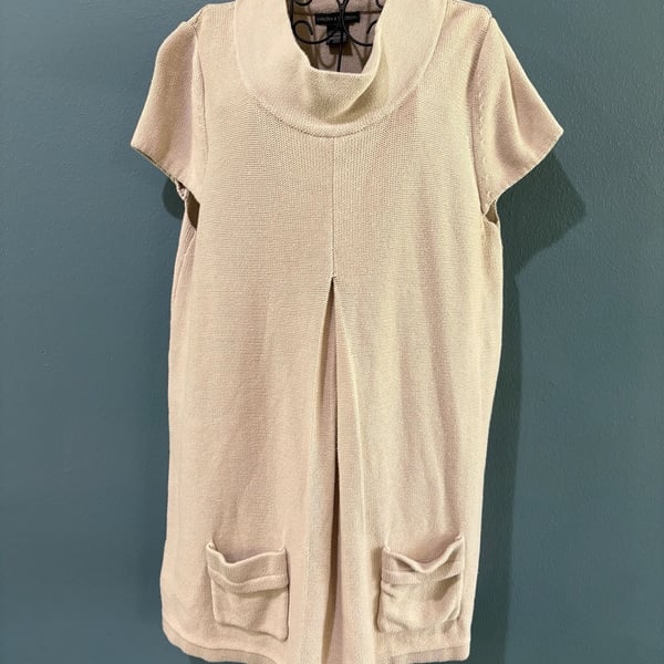 Chelsea & Theodore Knit Sweater Dress Size S Beige Cowl Neck Short Sleeve