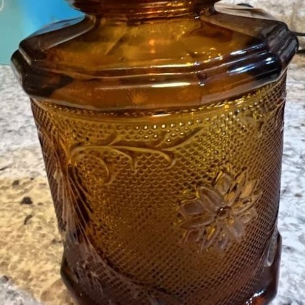 Tiara Indiana Glass Sandwich Amber Medium Canister Biscuit Cookie Jar