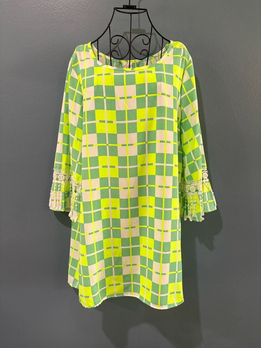 SI Style Dress Size L Green Yellow Plaid Check Lace Fringe Tassel 2