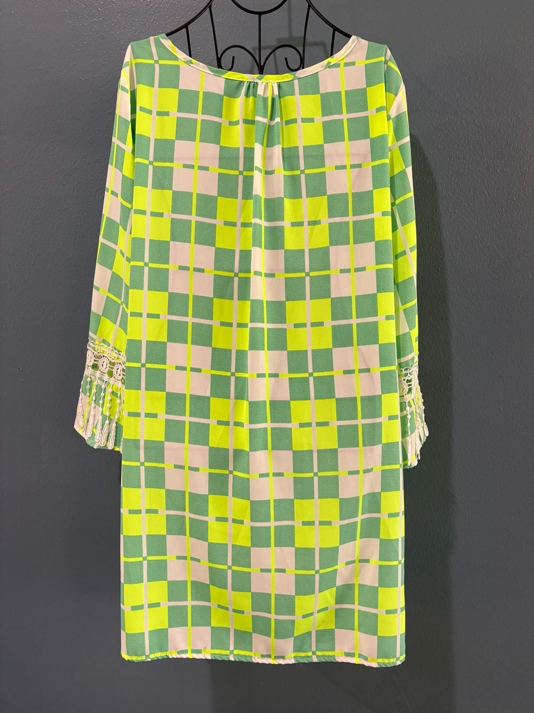 SI Style Dress Size L Green Yellow Plaid Check Lace Fringe Tassel 3
