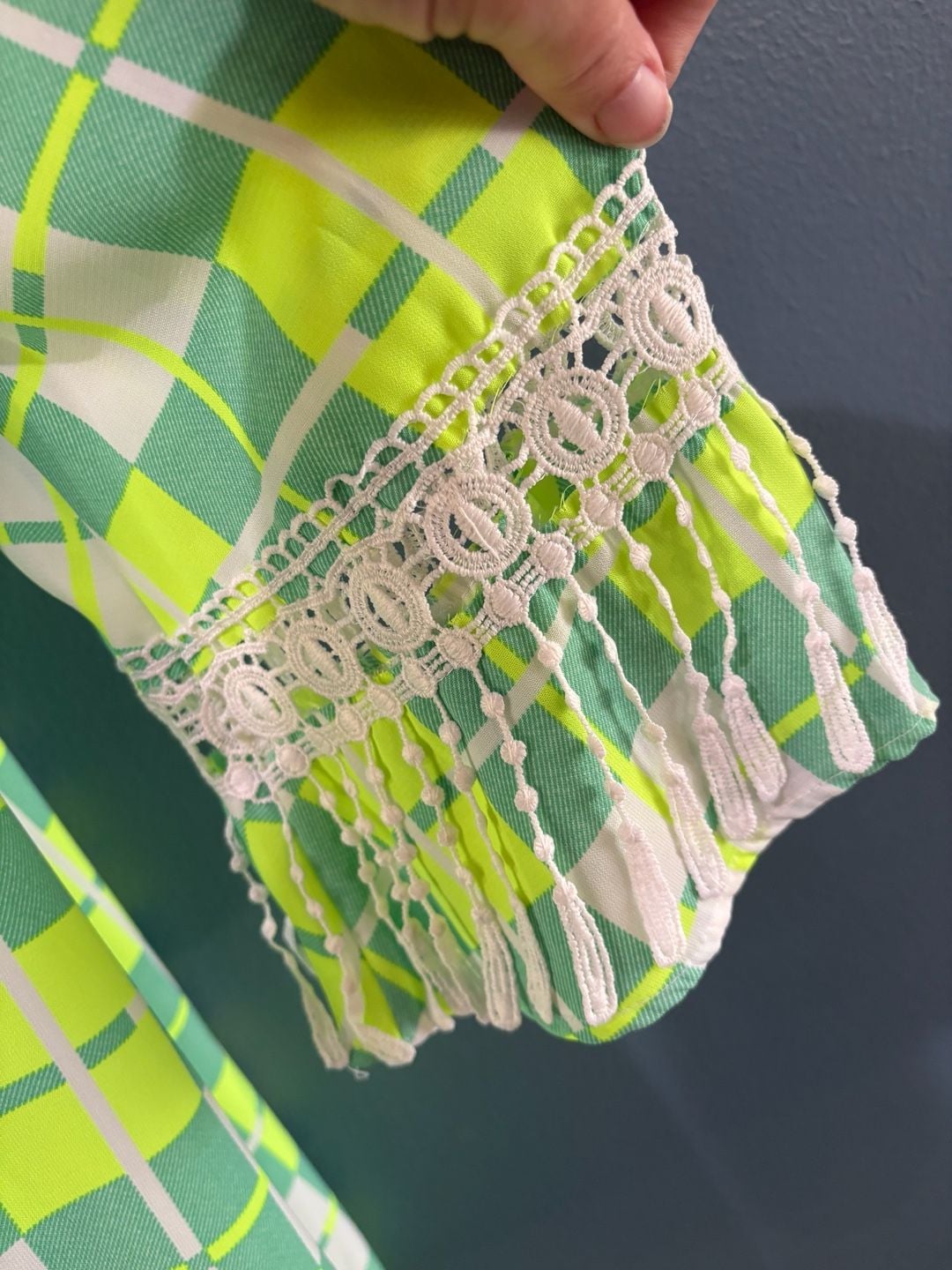 SI Style Dress Size L Green Yellow Plaid Check Lace Fringe Tassel 5