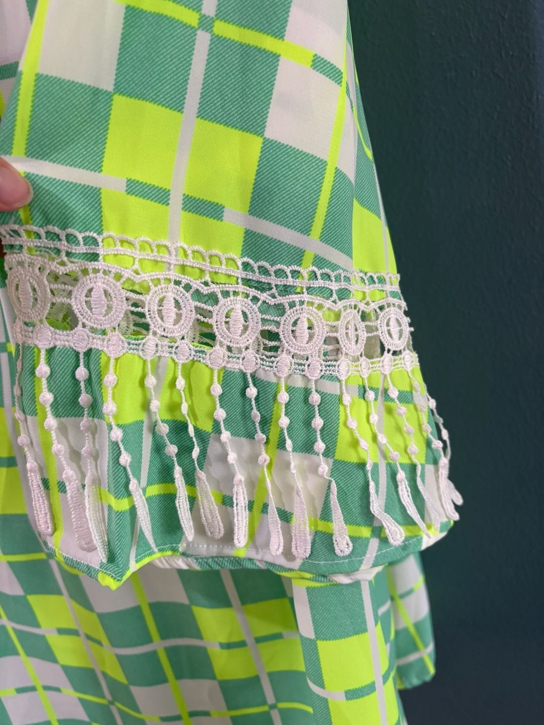 SI Style Dress Size L Green Yellow Plaid Check Lace Fringe Tassel 6