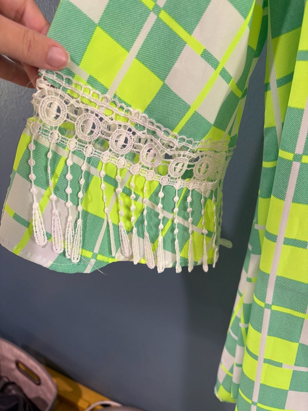 SI Style Dress Size L Green Yellow Plaid Check Lace Fringe Tassel 7